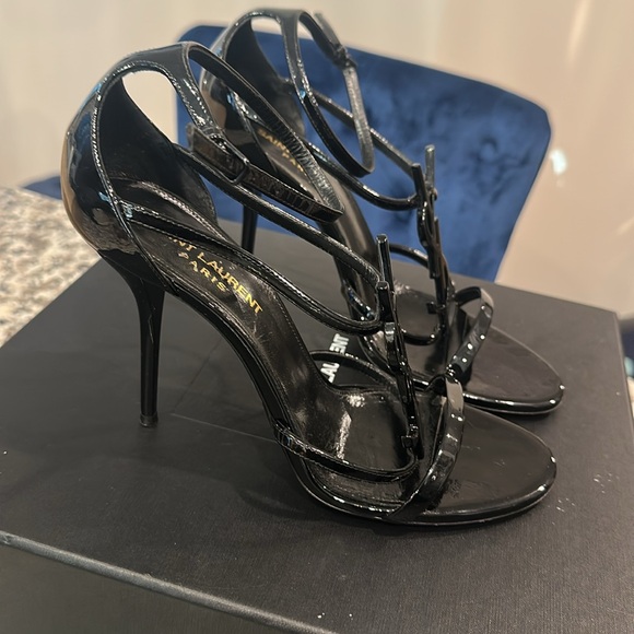 Saint Laurent Glossy Black Strappy Heels - Picture 3 of 17
